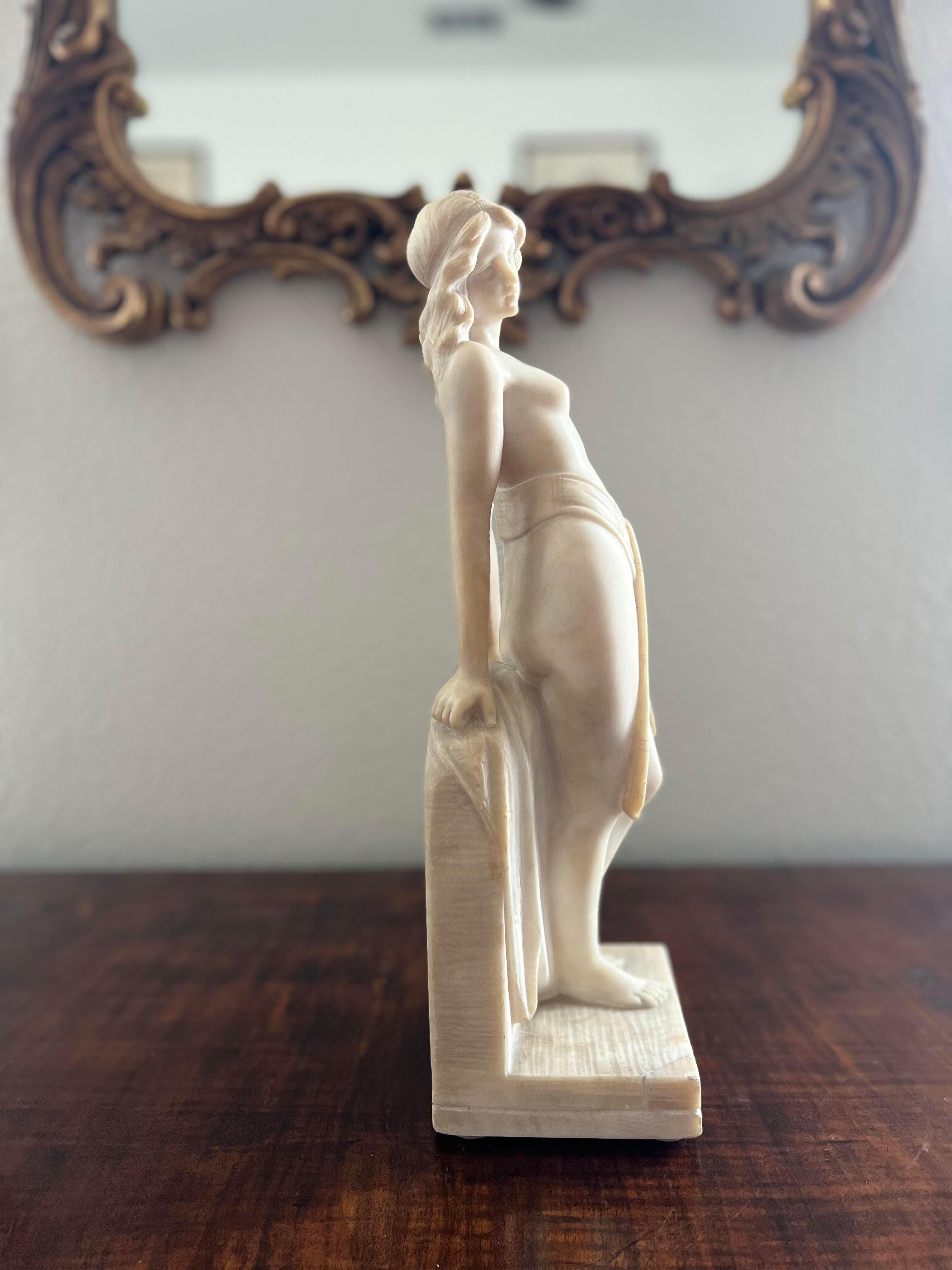 Early 20th C Seminude Orientalist Alabaster Sculpture  - Gray Nude Sculpture by Mario Calastri