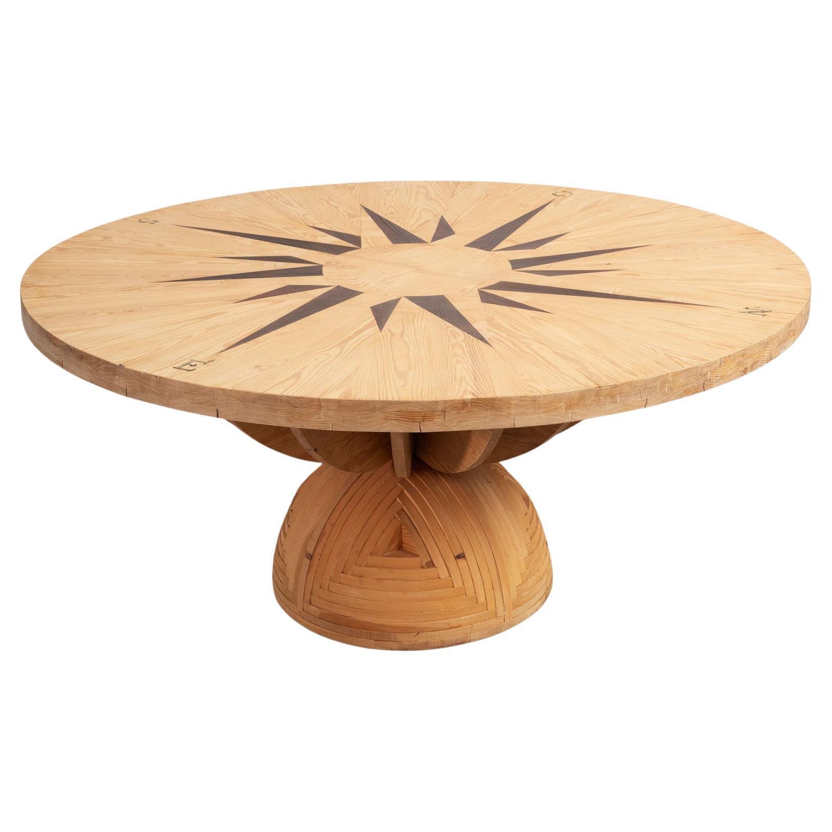 Mario Ceroli La Rosa dei Venti Table in Pinewood with Inlays by Poltronova 1970s