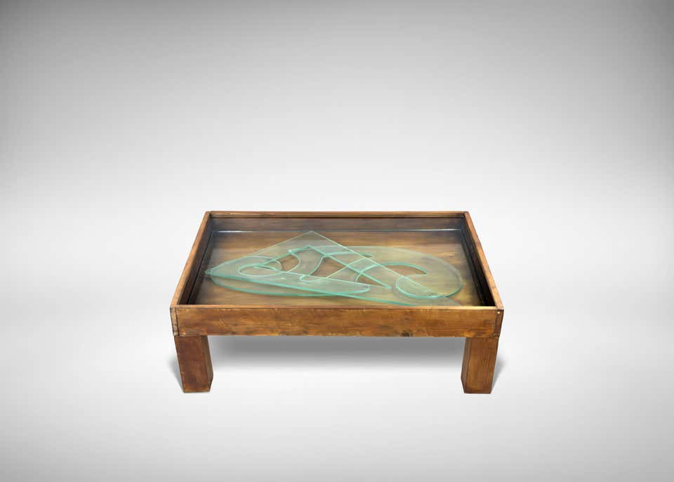 Geometric Table "Squadra e Curvilinee" - Mixed Media by Mario Ceroli, 1970