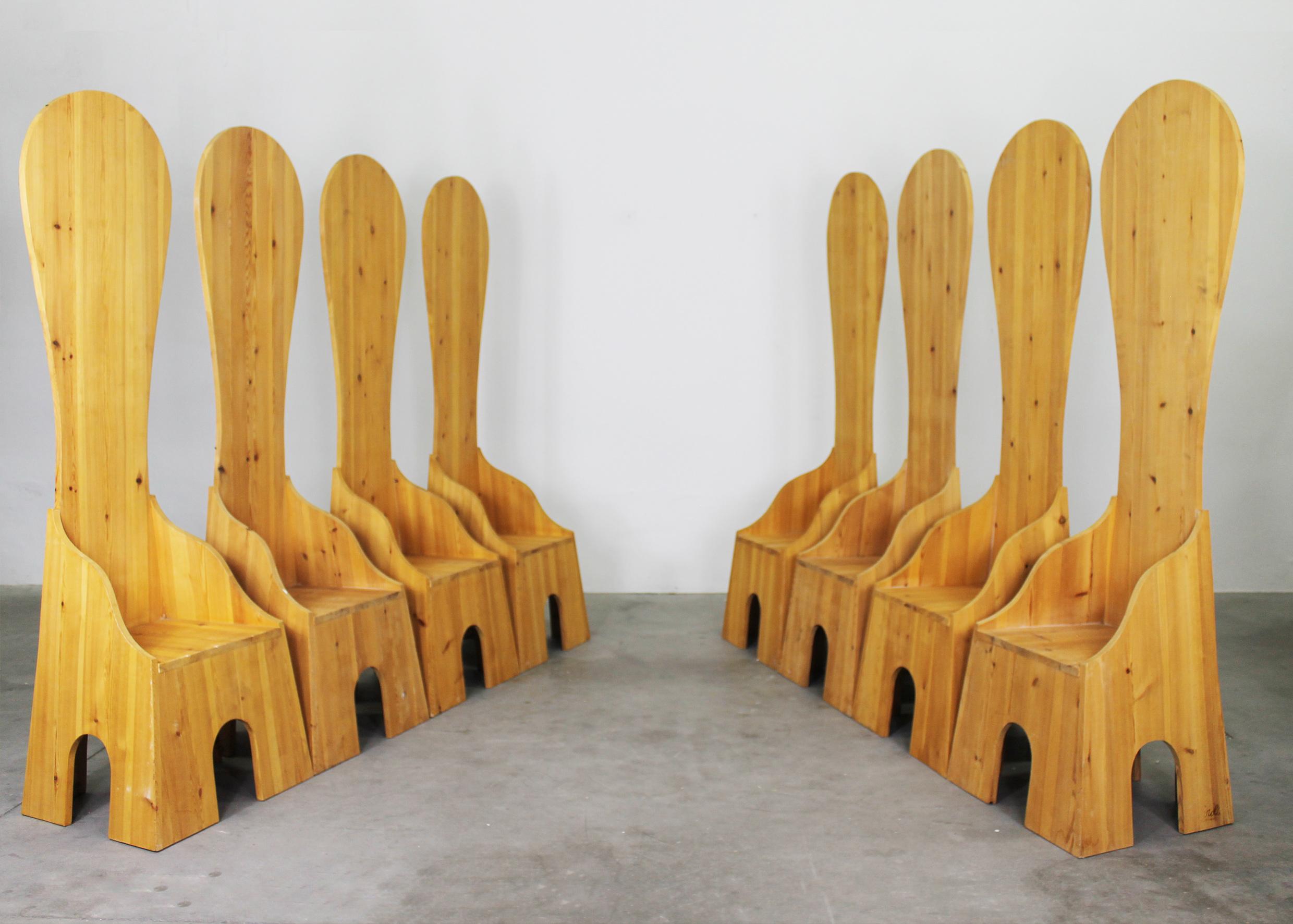 Mid-Century Modern Mario Ceroli Set of Eight Fratina High Chair in Pine by Poltronova 1972 For Sale
