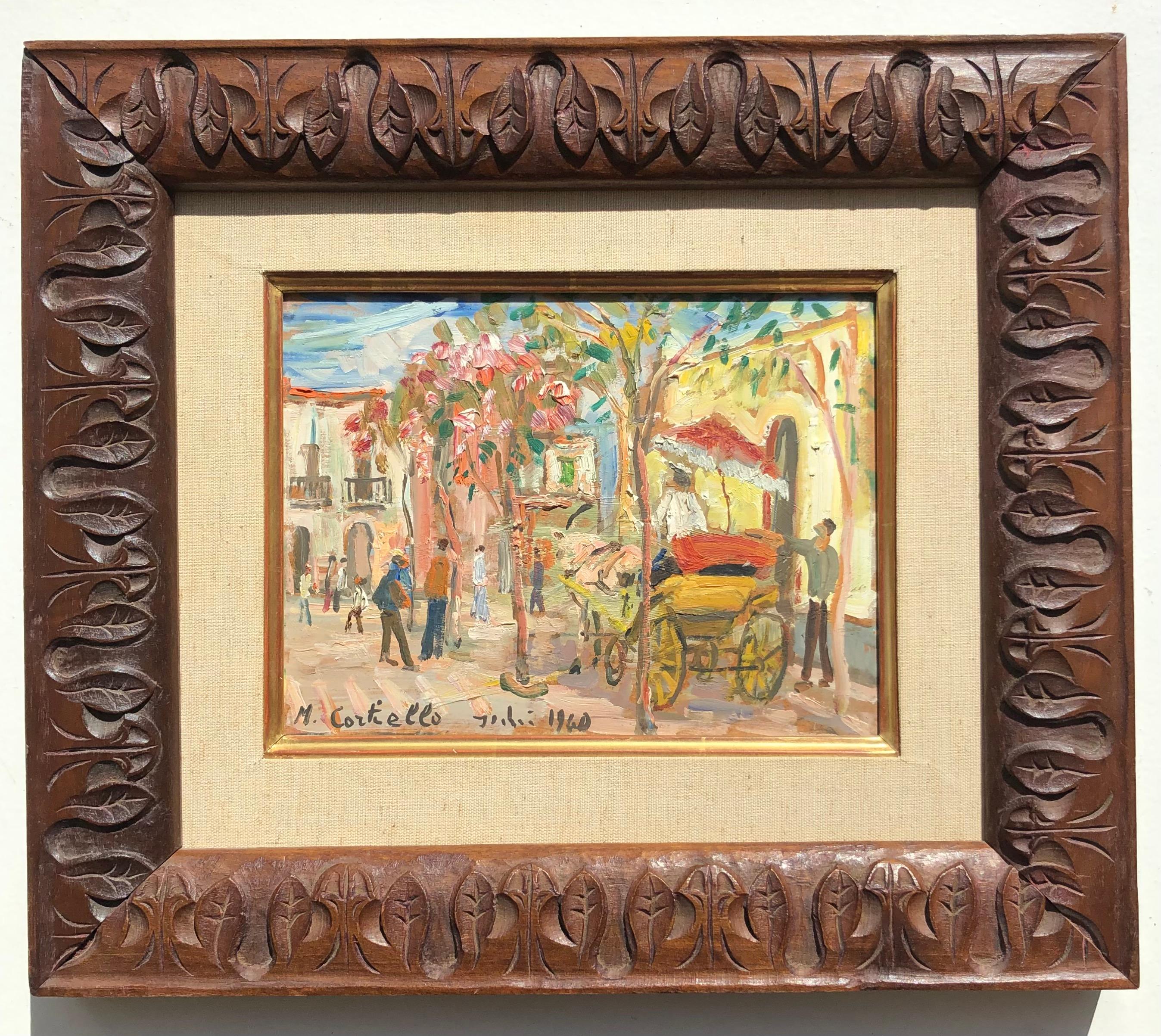 Paesaggio animato a Ischia, Italia - Painting di Mario Cortiello