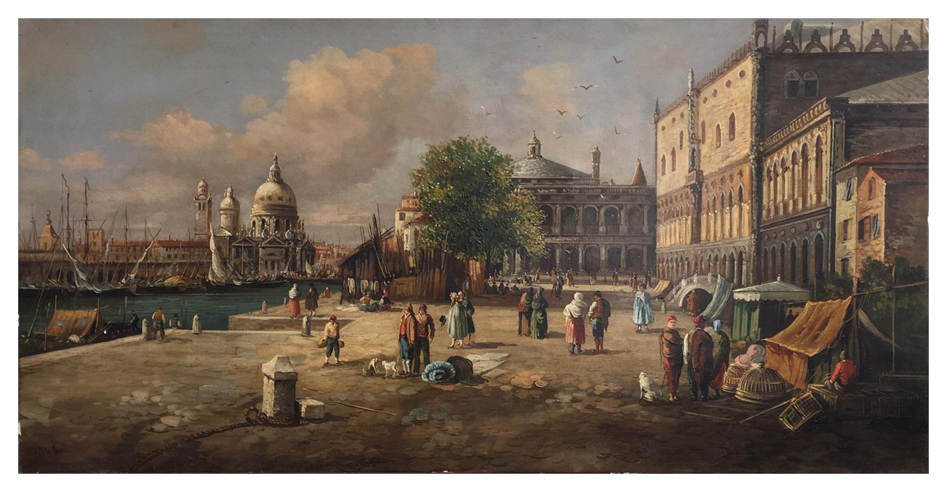 VENICE-In the Manner of Canaletto - Peinture à l'huile sur toile - Paysage italien - Painting de Mario De Angeli