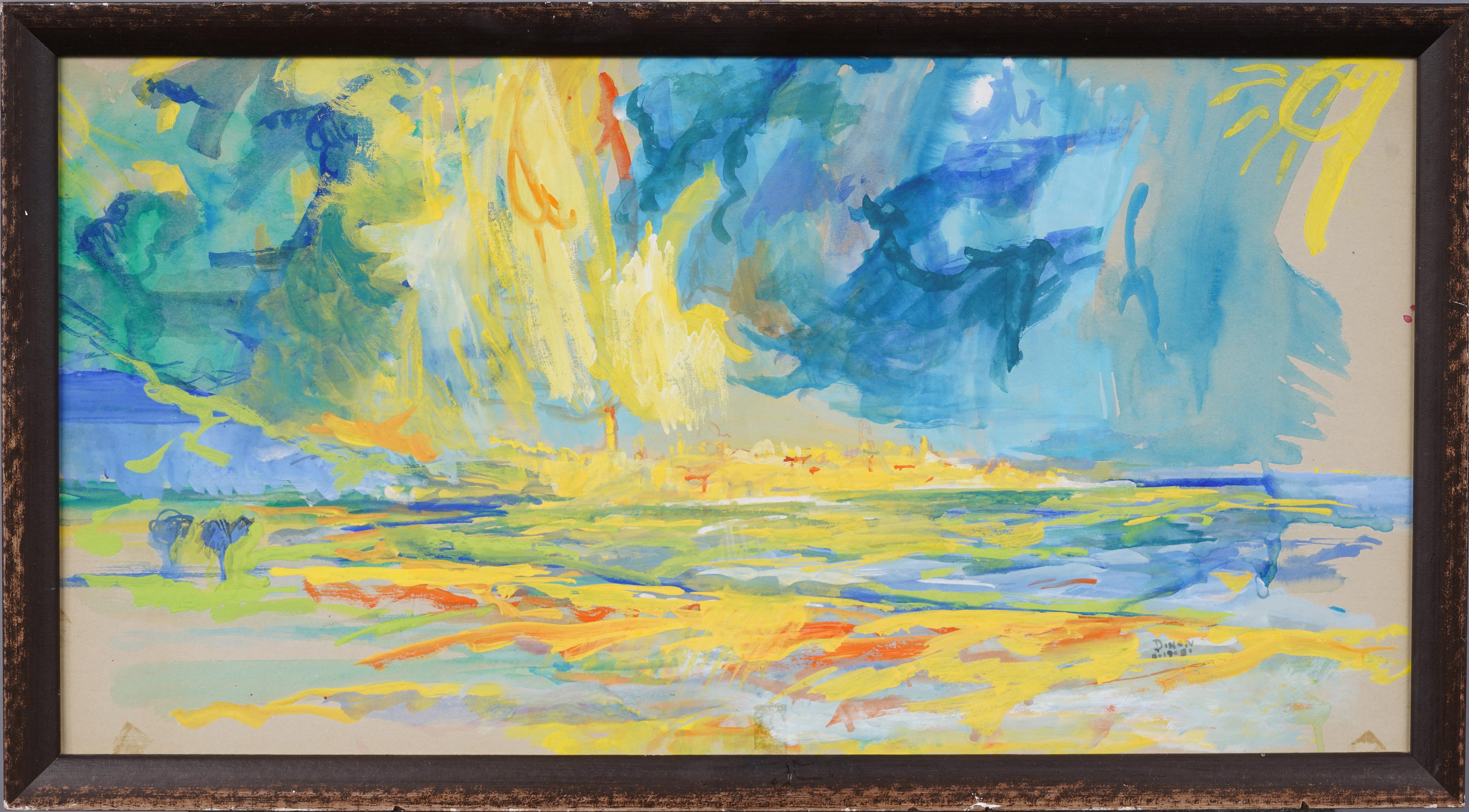 Antiguo paisaje marino modernista italiano al atardecer Pintura fauvista en acuarela enmarcada - Painting de Mario Dinon