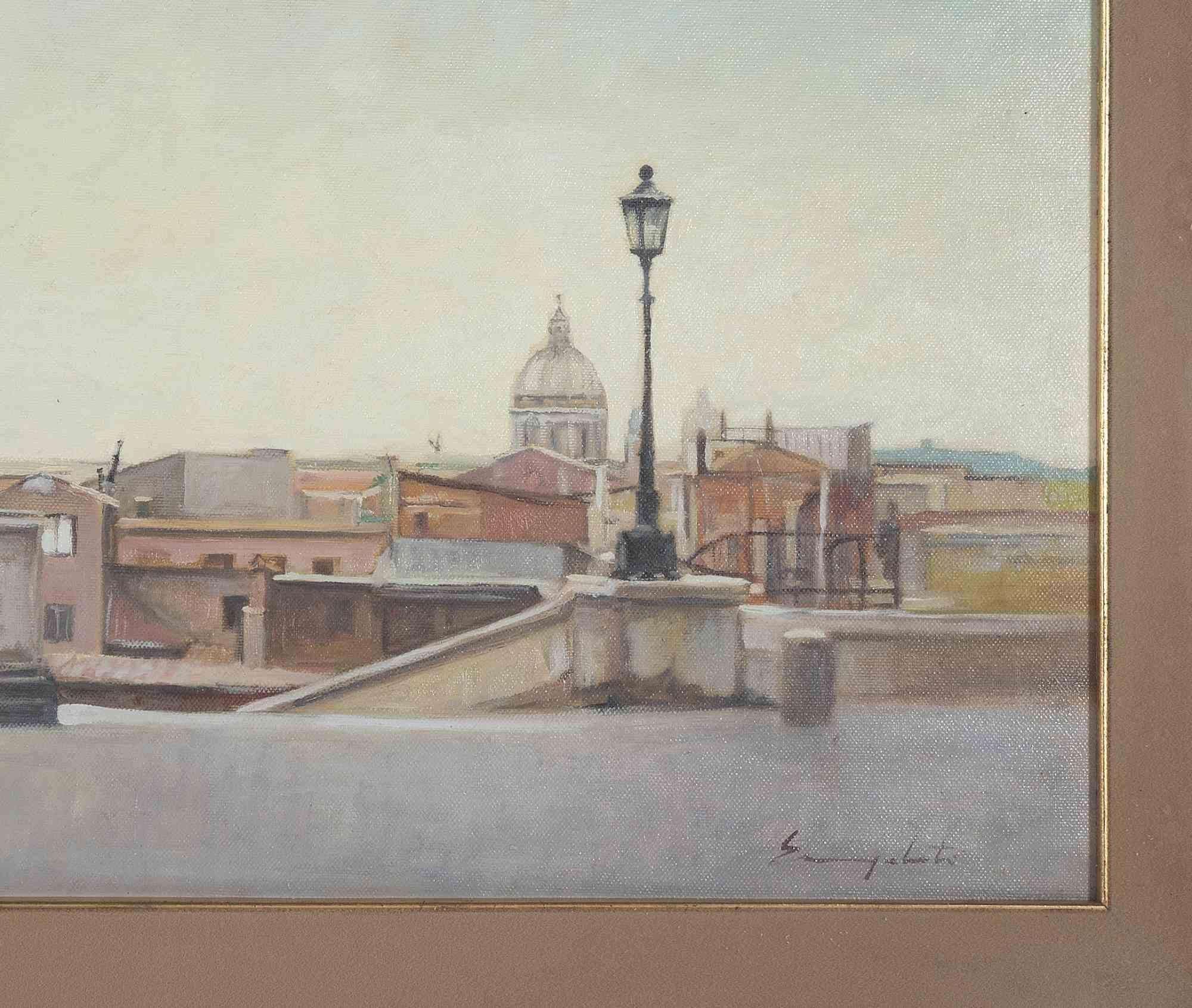 Rome from the Pincio is an orginal modern artwork realized in 1973 by the Italian artist Mario Evangelisti.

Mixed colore oil painting on canvas.

Hand signed on the lower right margin.

Signature and date on the back of artwork.

Good