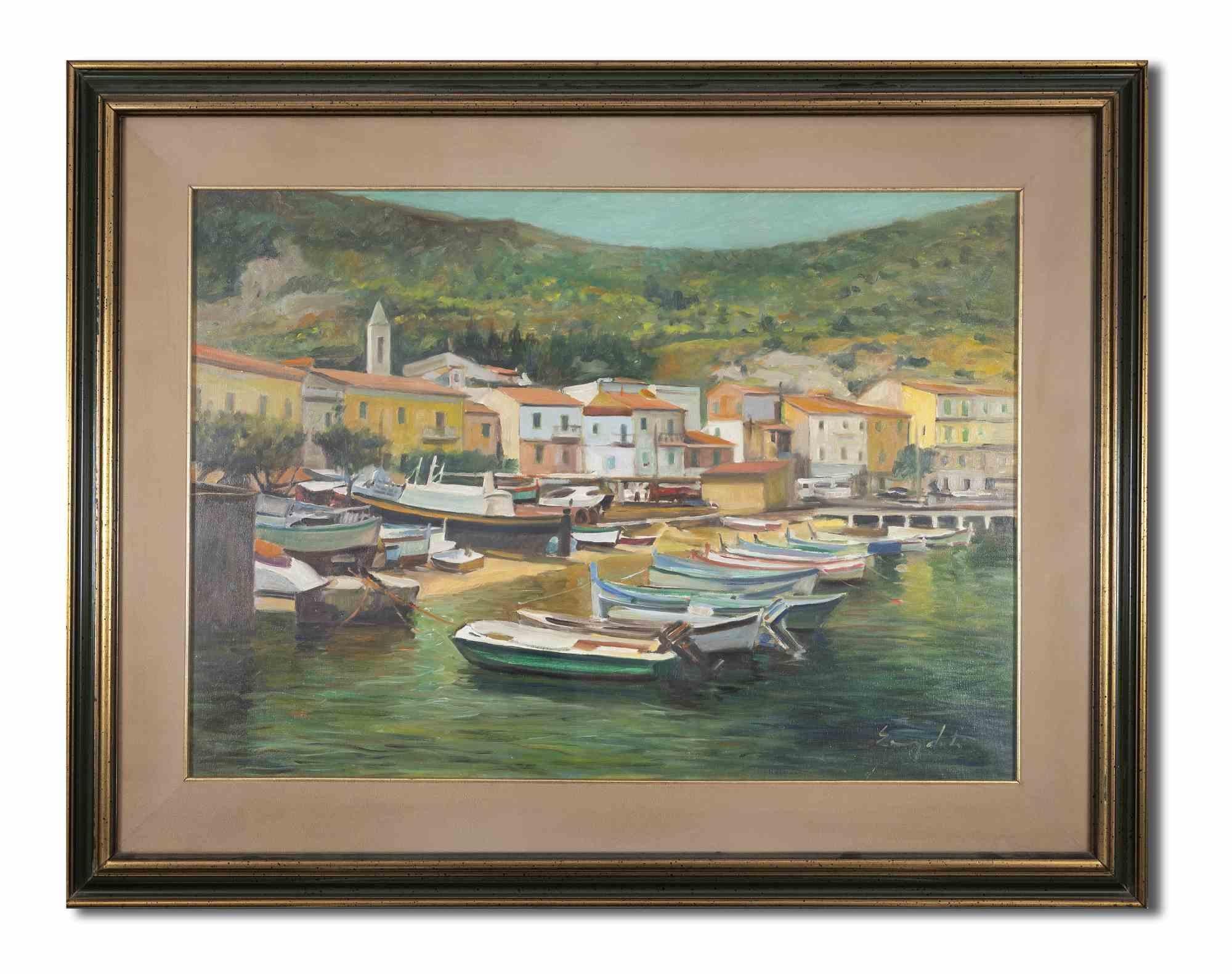 Summer Italian Harbor - Painting by Mario Evangelisti - 1973