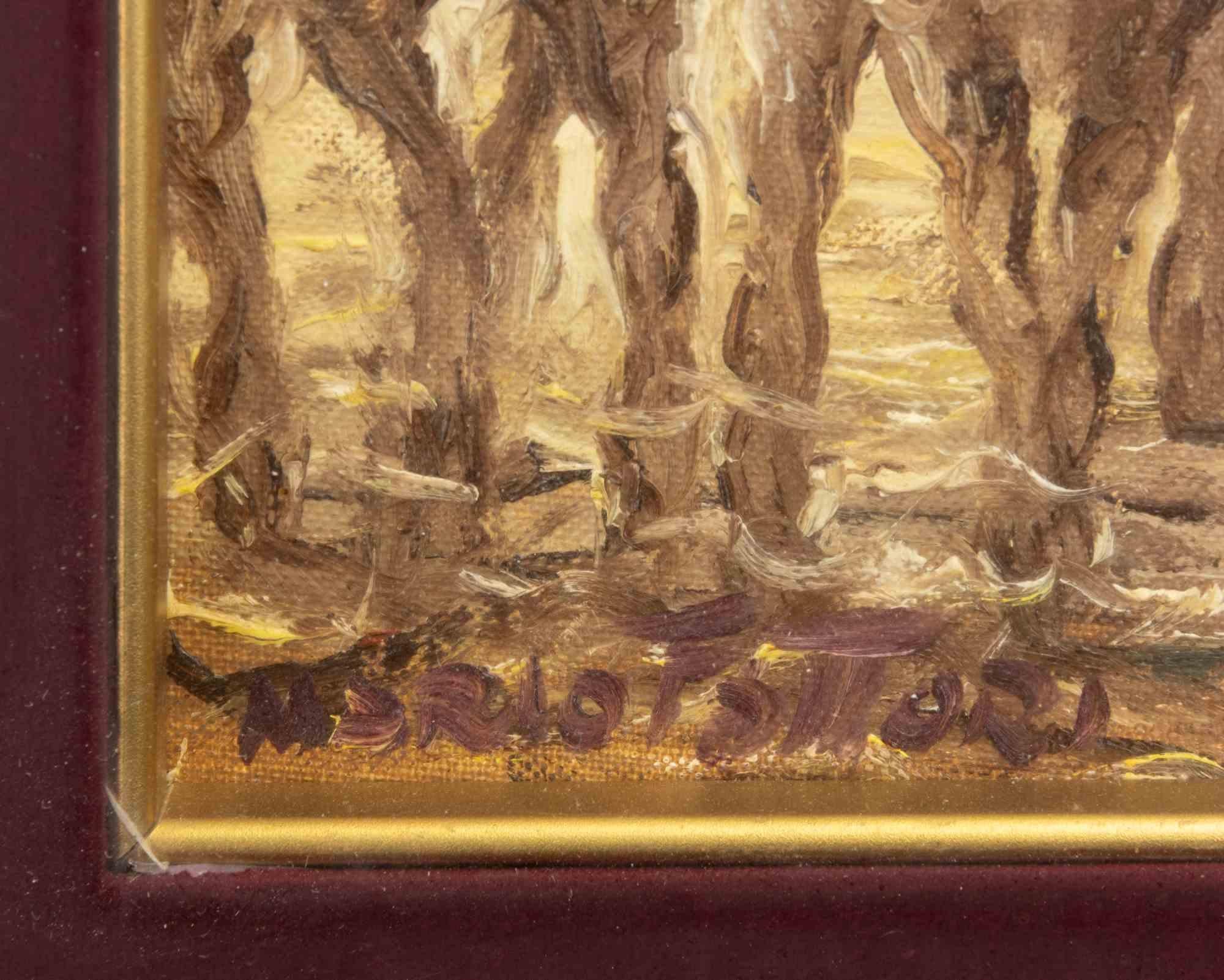 Interior de un redil - Pintura al óleo de Mario Fattori - Años 70 en venta 1