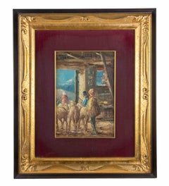 Interno di ovile - Dipinto a olio di Mario Fattori - Anni '70