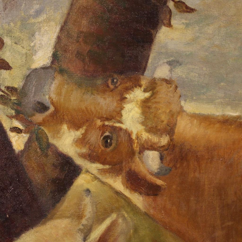 Mario Gachet 20th Century Oil on Canvas Italian Landscape with Cows Painting 1