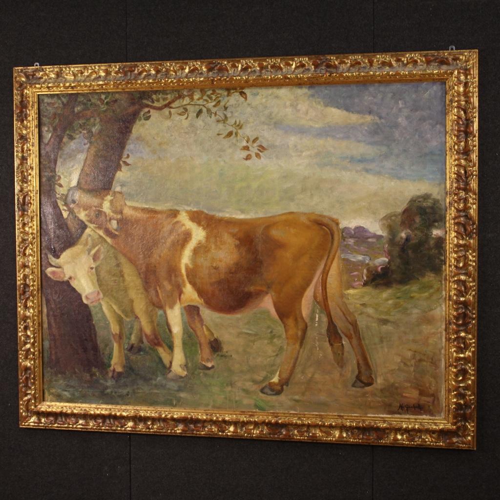 Mario Gachet 20th Century Oil on Canvas Italian Landscape with Cows Painting 5