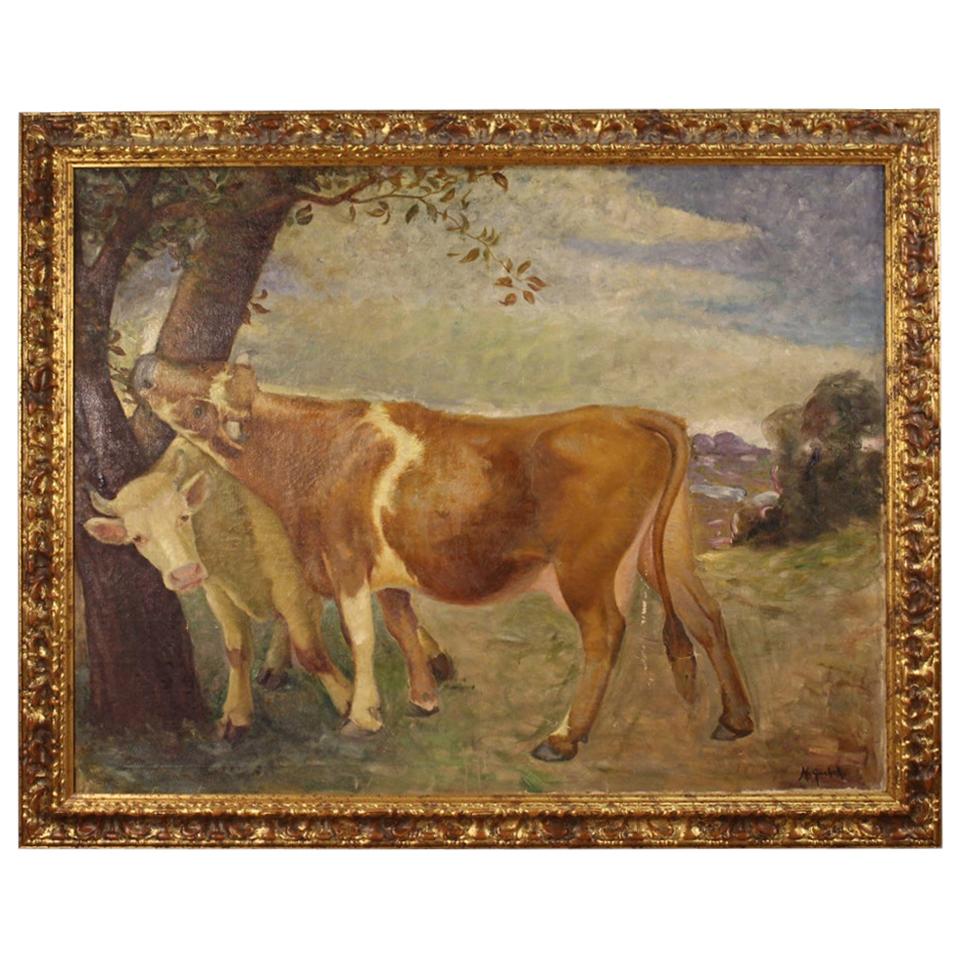 Mario Gachet 20th Century Oil on Canvas Italian Landscape with Cows Painting