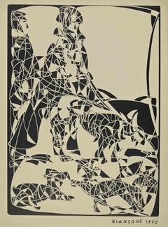 Vintage Figures with Dogs - Woodcut Print By Mario Giansone - 1970