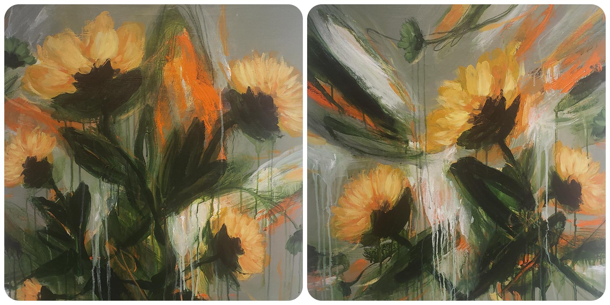 Mario Gonzalez Rodriguez Abstract Painting - Cuban Floral, oil painting , Abstract Expressionism, Cuban Artist, Diptych 