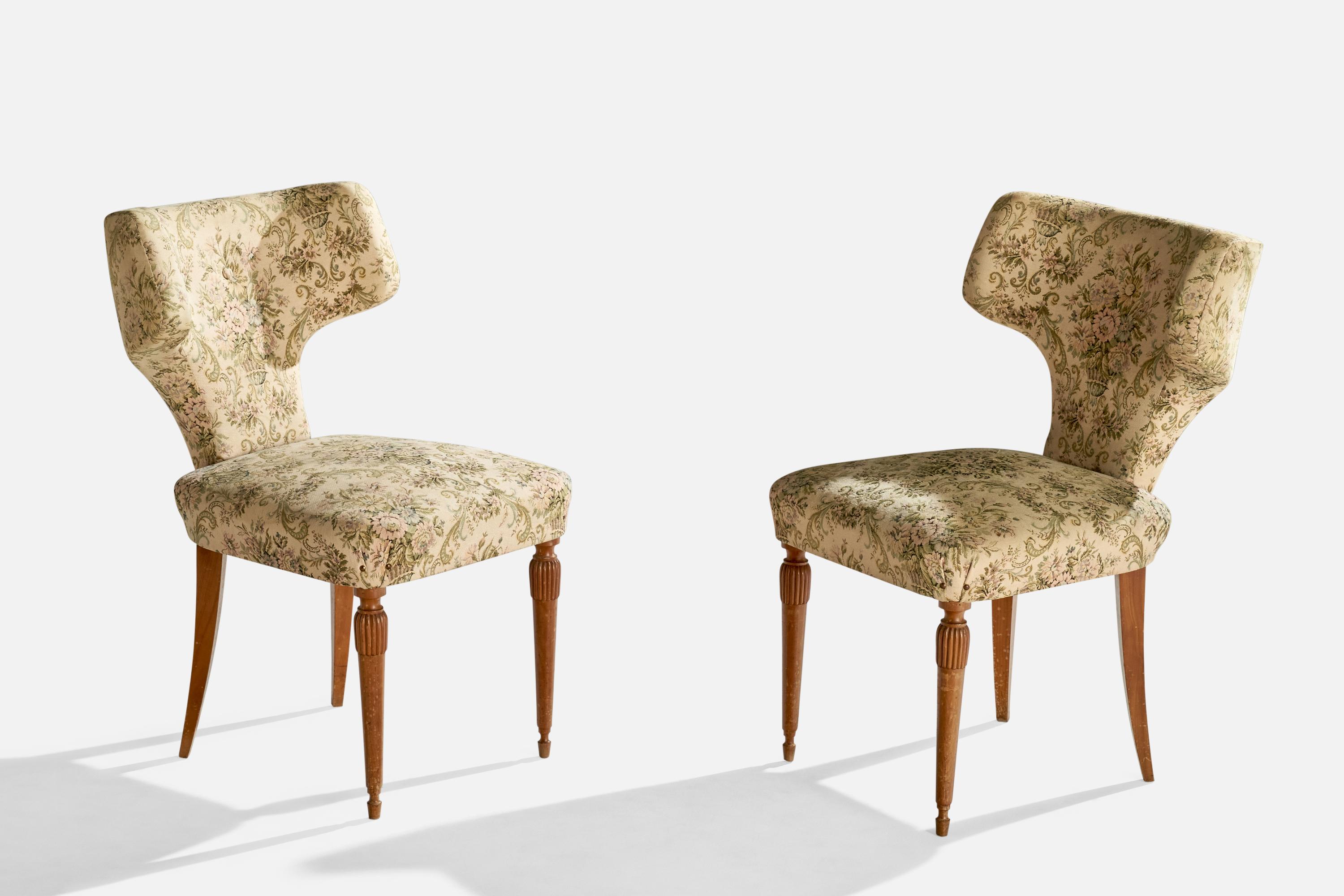 Modern Mario Gottardi Attribution, Dining Chairs, Wood, Fabric, Italy, 1940s