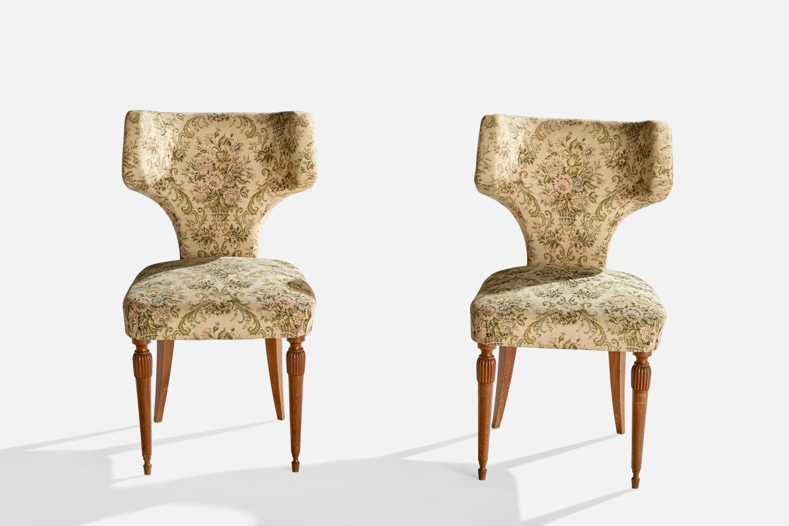 Italian Mario Gottardi Attribution, Dining Chairs, Wood, Fabric, Italy, 1940s