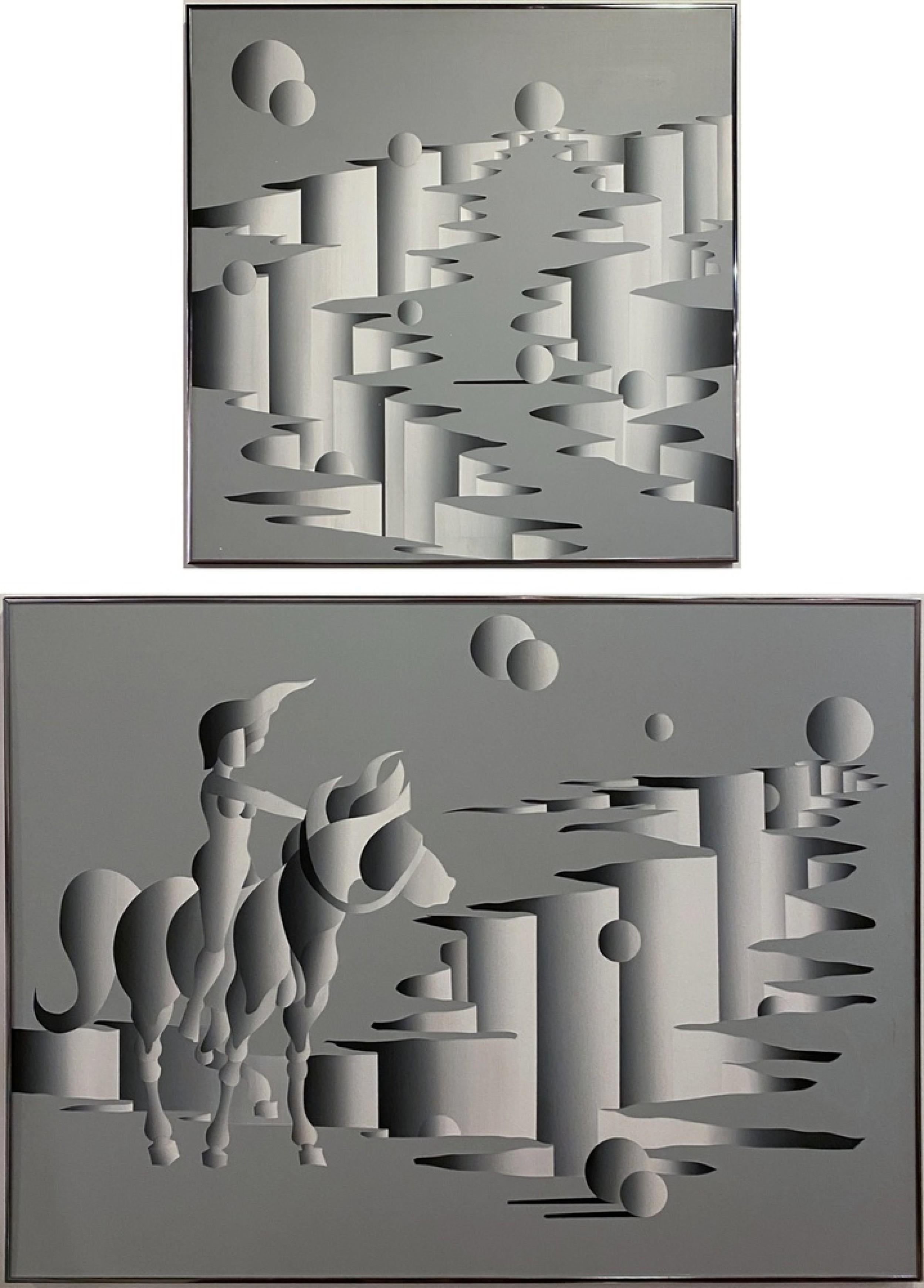 Quadro surrealista americano contemporaneo a olio su tela con una rappresentazione in bianco e nero di un uomo a cavallo con la terra che si divide in lontananza (MARIO Grimaldi)