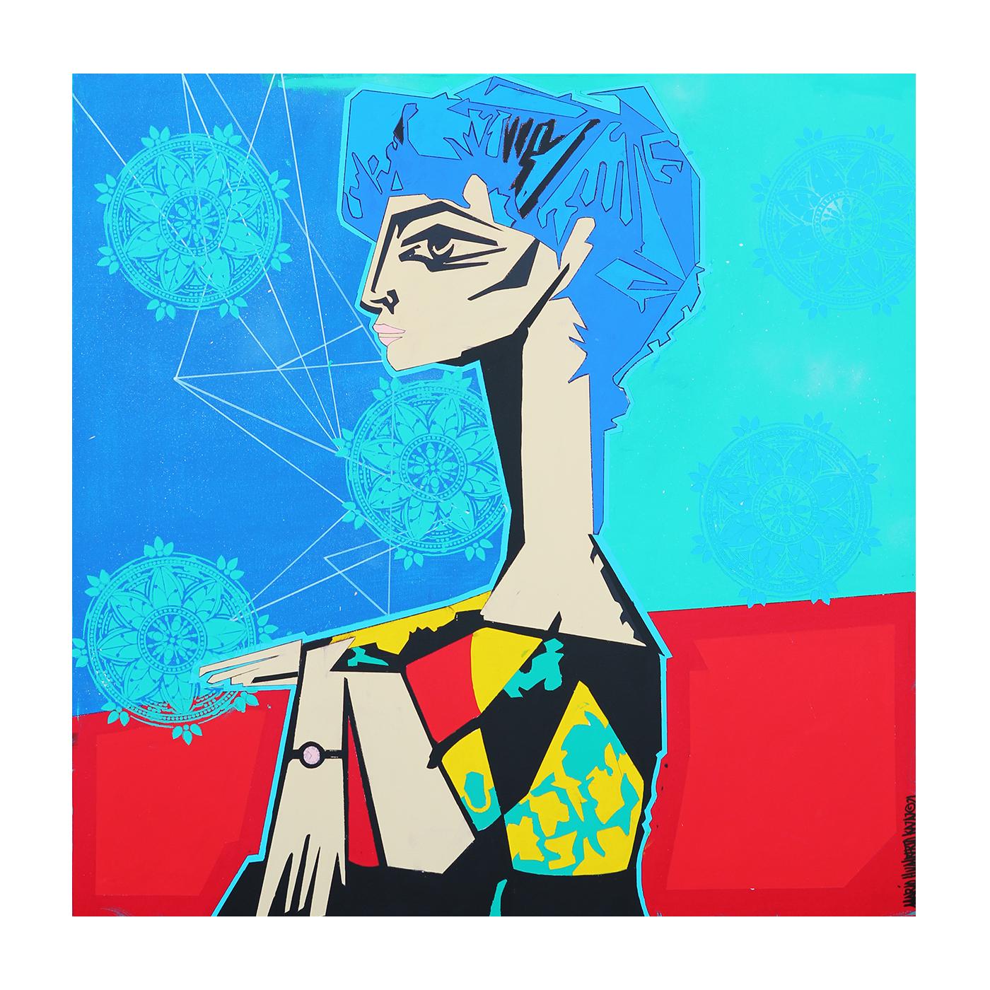 Portrait géométrique abstrait inspiré de Picasso, bleu, sarcelle, rouge et jaune - Pop Art Mixed Media Art par Mario Humberto Kazaz