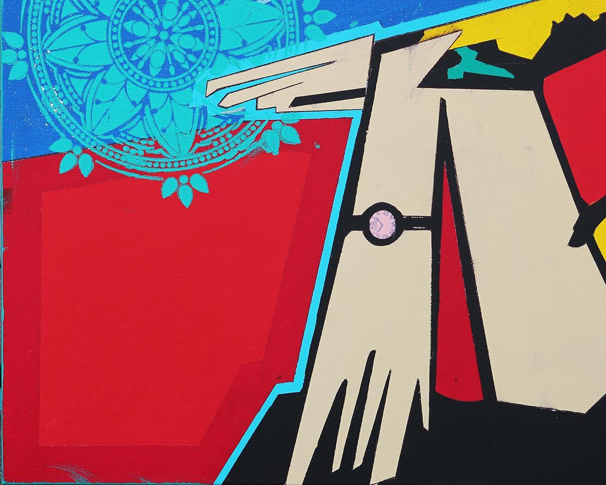 Portrait géométrique abstrait inspiré de Picasso, bleu, sarcelle, rouge et jaune en vente 3