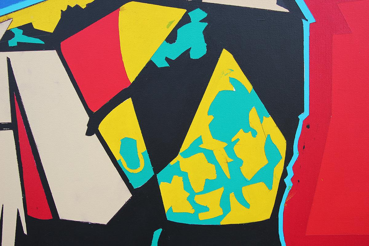 Portrait géométrique abstrait inspiré de Picasso, bleu, sarcelle, rouge et jaune en vente 6