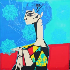 Blue, Teal, Red, and Yellow Abstract Geometric Picasso Inspired Portrait