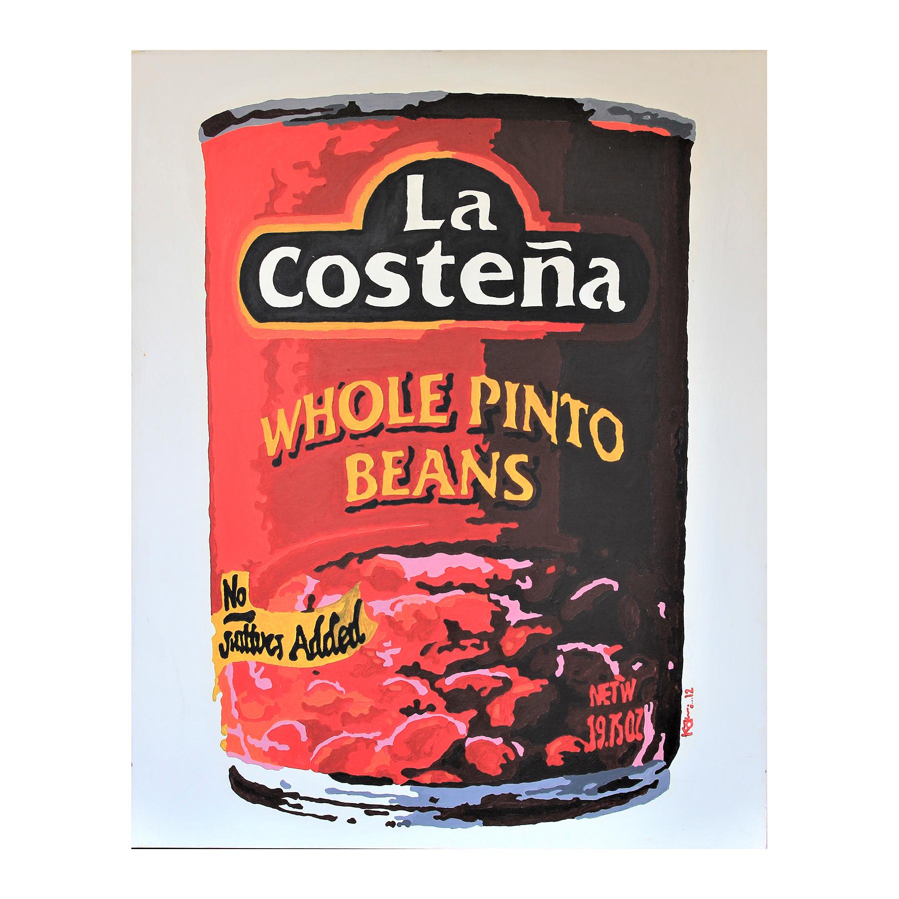 Mario Humberto Kazaz Abstract Painting - “Can of Beans” Red Toned Andy Warhol Inspired Contemporary Pop Art Painting