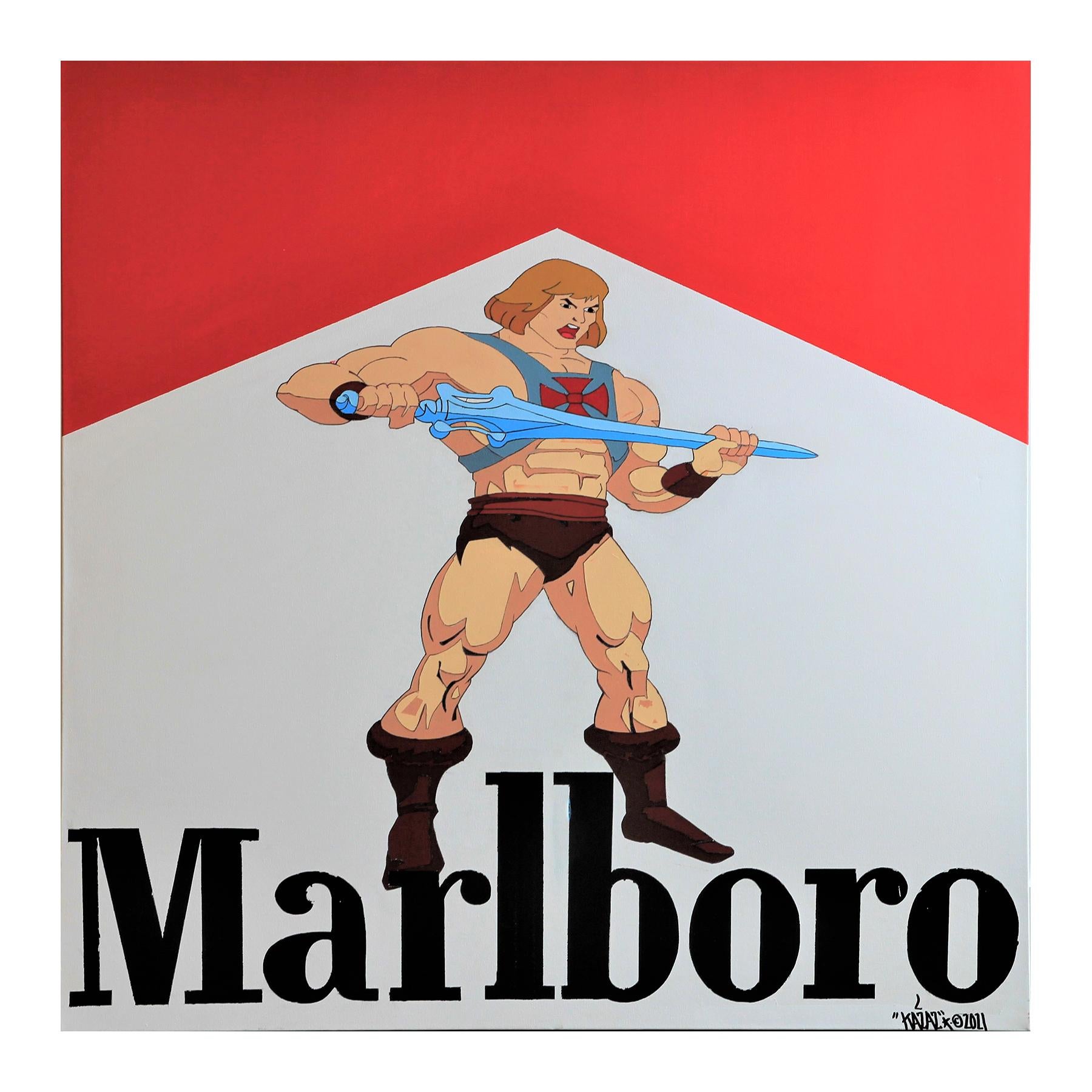 Mario Humberto Kazaz Abstract Painting – Zeitgenössisches zeitgenössisches Gemälde von Marlboro Branding, vor der Schlacht