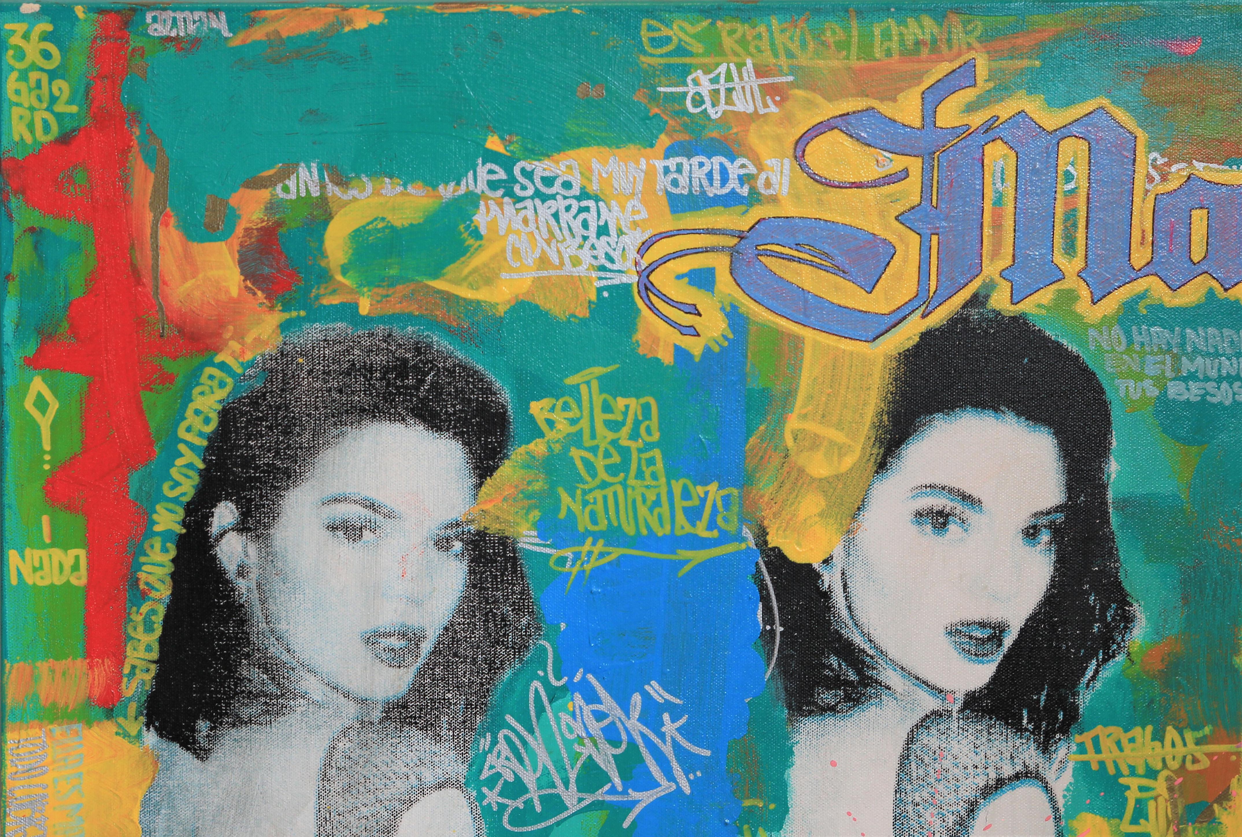 Ell Es Magia / She is Magic / Kendall Jenner - Peinture Pop Art aux tons sarcelles - Painting de Mario Humberto Kazaz