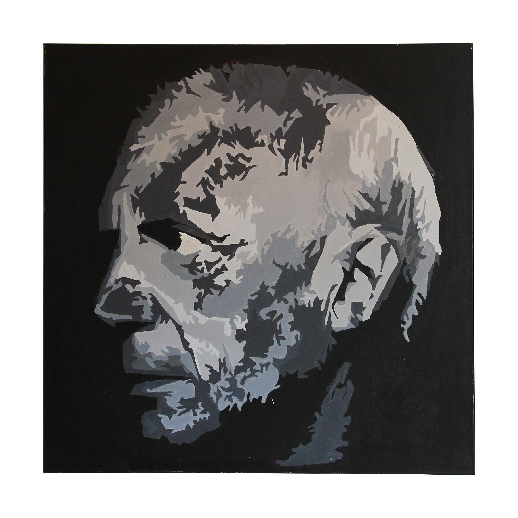 Figurative Painting Mario Humberto Kazaz - Portrait à l'échelle grise de Pablo Picasso - Peinture Pop Art contemporaine