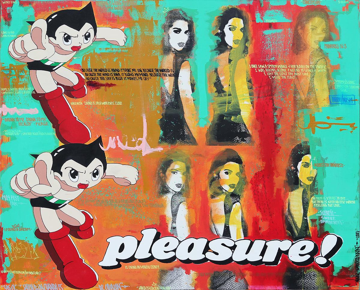 Mario Humberto Kazaz Abstract Painting - "Hedonista" Teal and Red Toned Kendall Jenner and Astro Boy Pop Art Painting