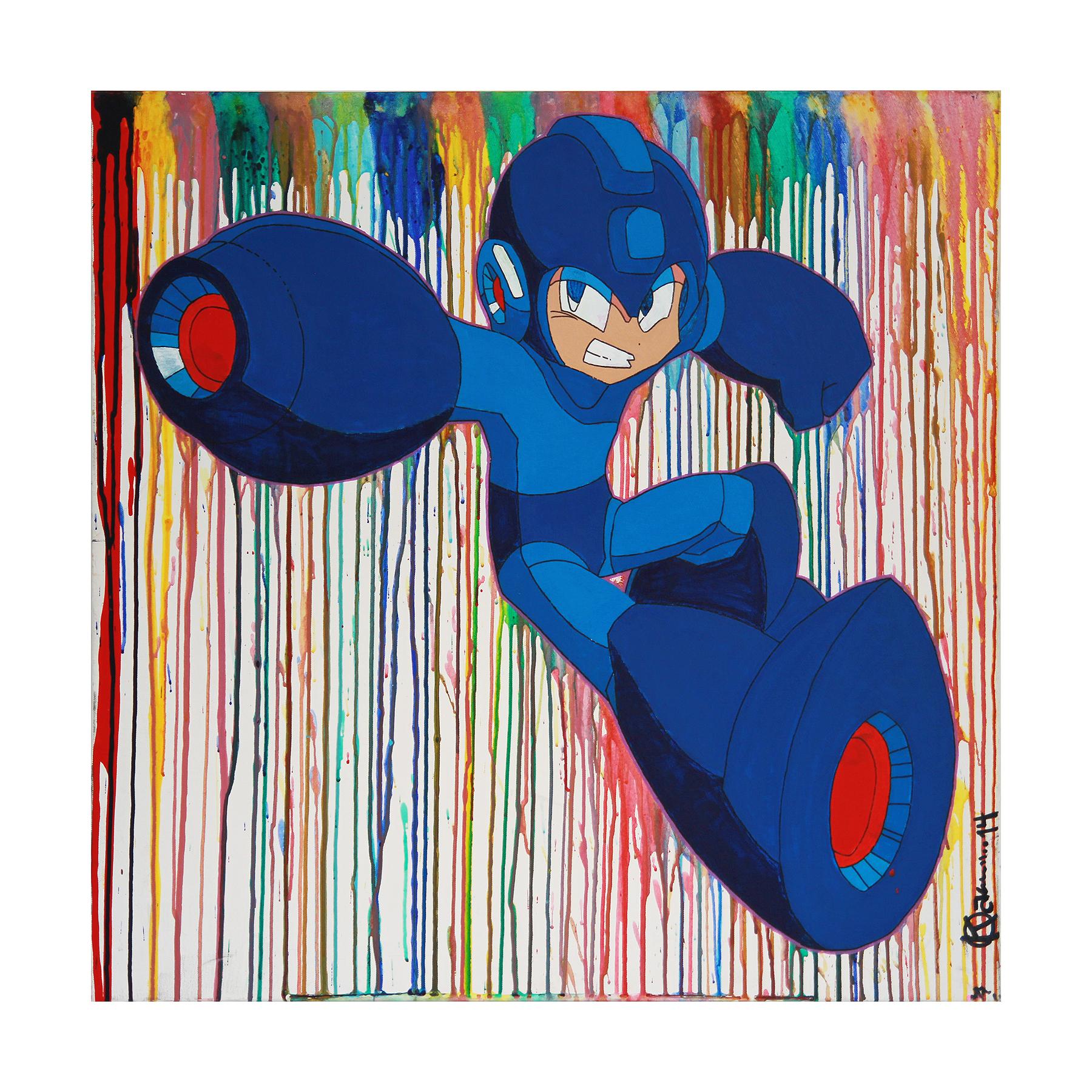 Mario Humberto Kazaz Abstract Painting - “In The Clouds” Blue Mega Man Contemporary Pop Art Painting 