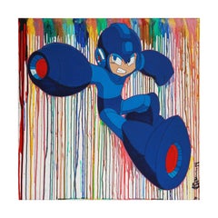 Peinture Pop Art contemporaine Mega Man - « In The Clouds » - Bleu Mega Man 