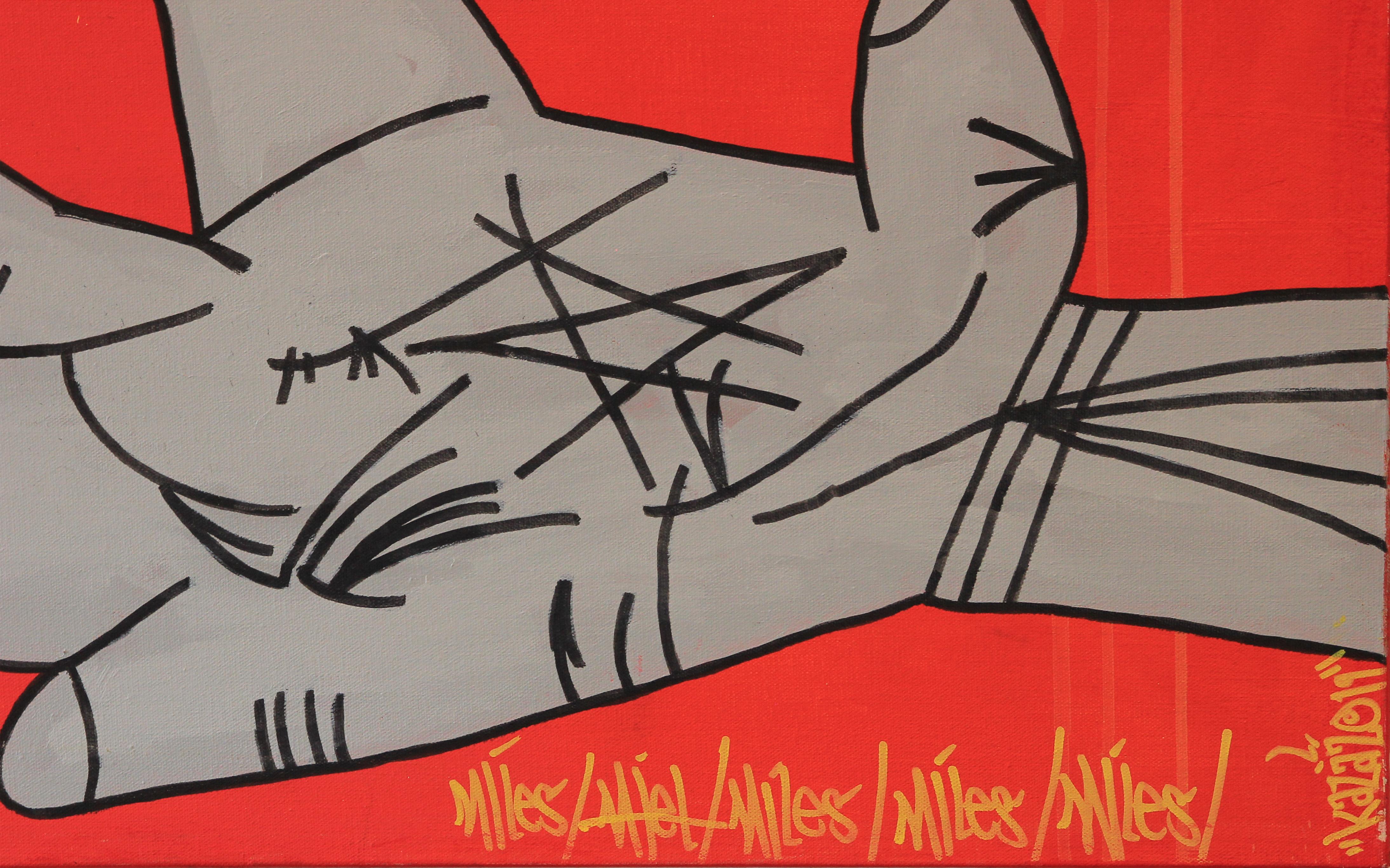 Lebendiges Pop-Art-Gemälde des modernistischen Künstlers Mario Humberto Kazaz aus Houston, Texas. Leuchtend rotes Gemälde mit fünf Hauptelementen: schwarz-weißes verblasstes Rendering eines Modells, das ein Andy-Warhol-Hemd trägt, eine graue