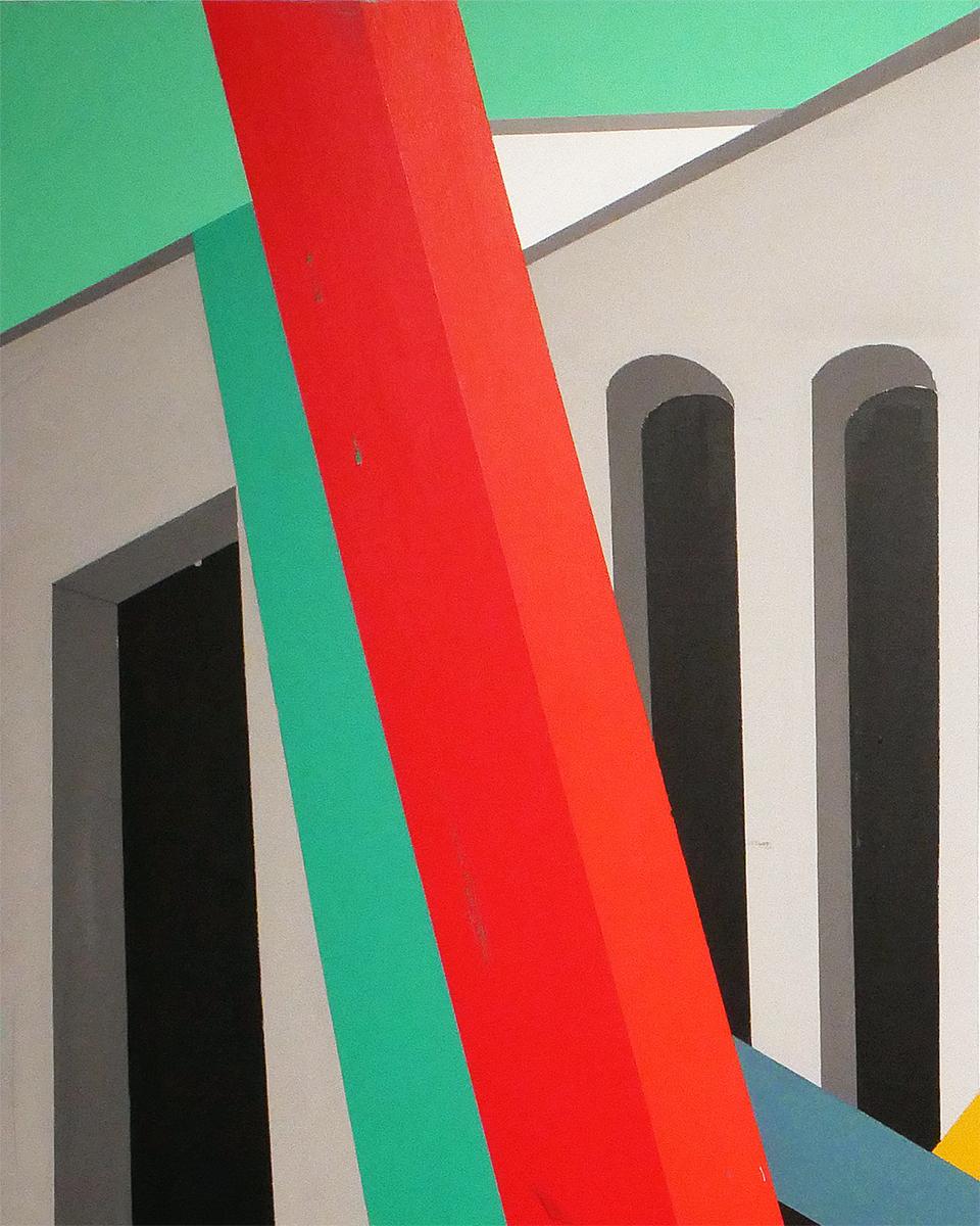 Large contemporary red, teal, and yellow pop art painting by modernist Houston, Texas artist Mario Humberto Kazaz. The work features the NASA logo set against an abstract building and incorporates various textual elements. Signed and dated