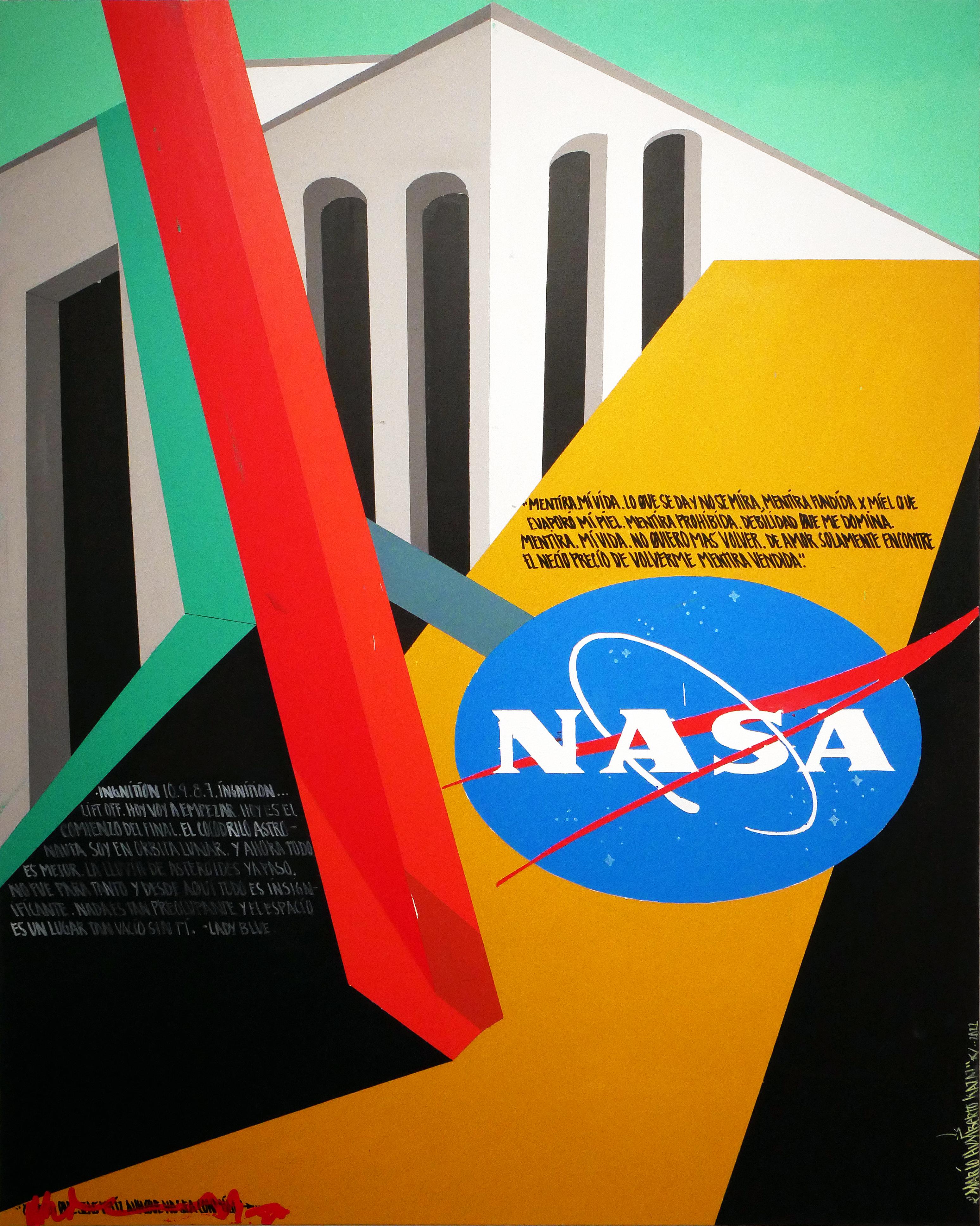 Mario Humberto Kazaz Abstract Painting - “NASA" Red, Teal, & Yellow Contemporary Pop Art Surrealist Logo Painting