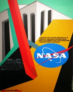 “NASA" Red, Teal, & Yellow Contemporary Pop Art Surrealist Logo Painting