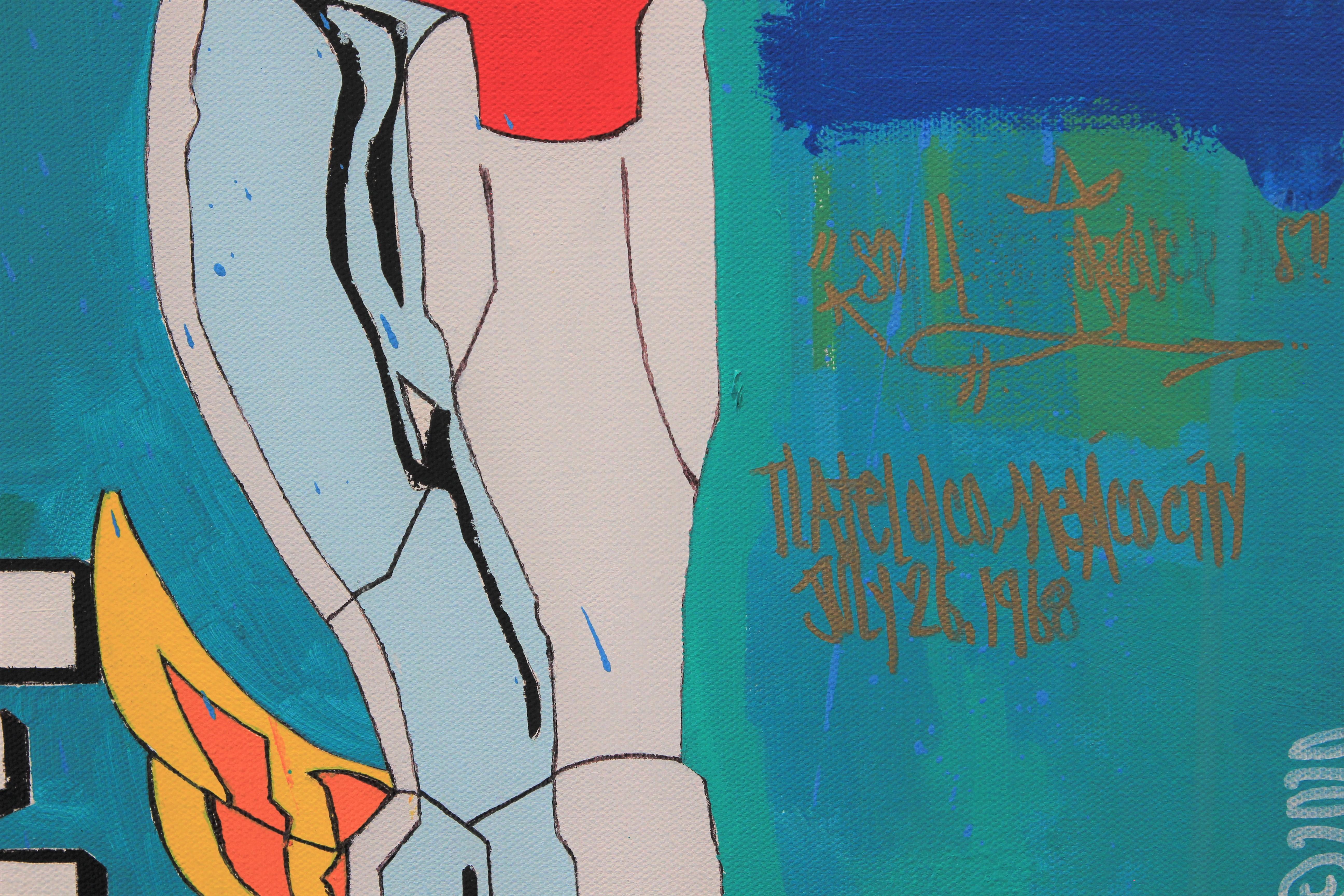 Peinture pop art colorée de l'artiste moderniste de Houston, Texas, Mario Humberto Kazaz. Peinture bleu et sarcelle avec des accents de rouge, jaune et blanc incorporant le personnage de dessin animé, Pegasus Seiya, une balle abstraite à motifs, un