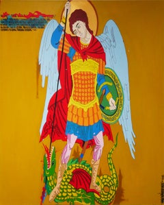 “Quis Ut Deus” Yellow, Red, and Blue Pop Art Painting of the Archangel Michael