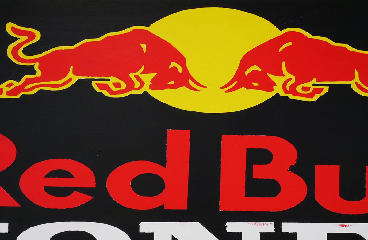 “Red Bull” Red, Black, & Yellow Contemporary Pop Art Corporate Logo Painting For Sale 1