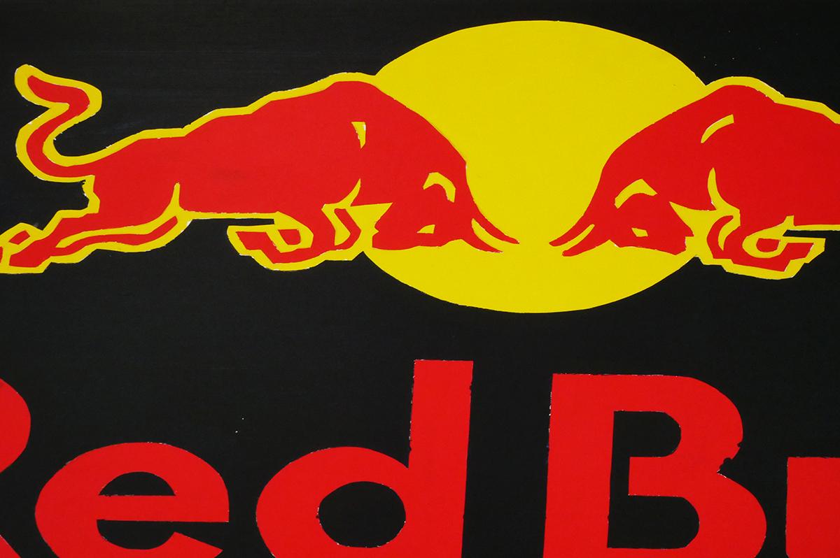 “Red Bull” Red, Black, & Yellow Contemporary Pop Art Corporate Logo Painting For Sale 2