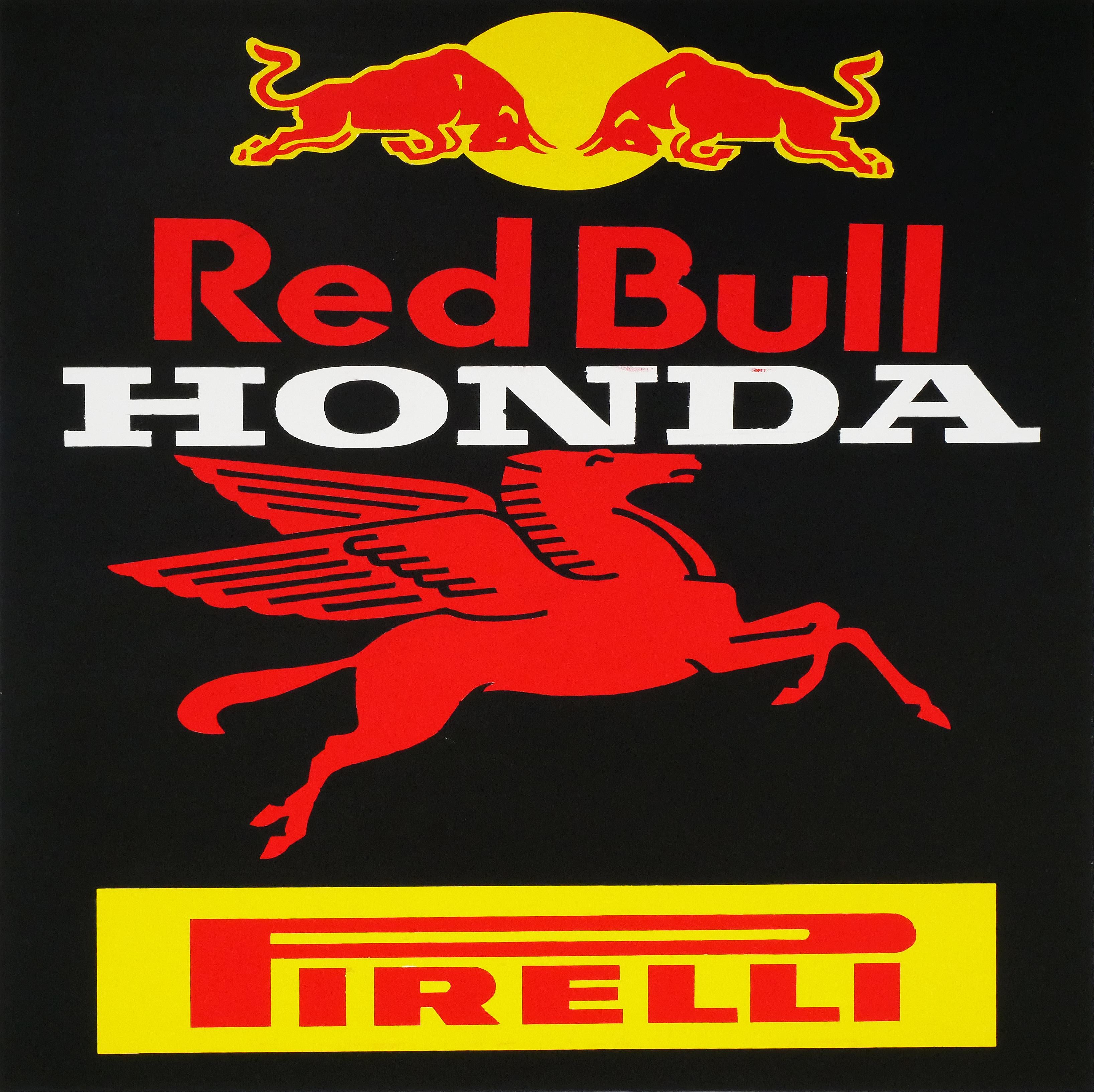 Mario Humberto Kazaz Figurative Painting - “Red Bull” Red, Black, & Yellow Contemporary Pop Art Corporate Logo Painting