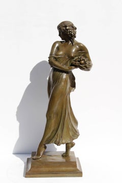 Vintage Woman Carrying Grapes, Art Nouveau Bronze by Mario Korbel