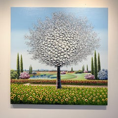 Jung, "Along the Sunflowers" 48x48 Textured Colorful Tree Landscape Oil Painting