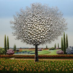 Jung, "Le long des tournesols" 48x48 Peinture à l'huile paysage arborescent coloré texturé