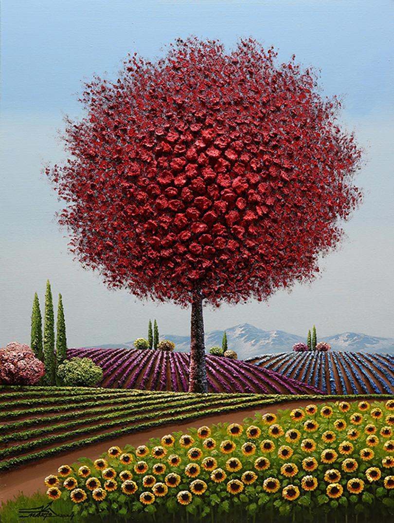 Mario Jung Landscape Painting - Jung, "Find Our Path" 48x36 Textured Colorful Red Tree Landscape Oil Painting