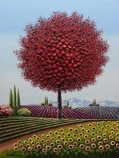 Jung, "Find Our Path" 48x36 Textured Colorful Red Tree Landscape peinture à l'huile