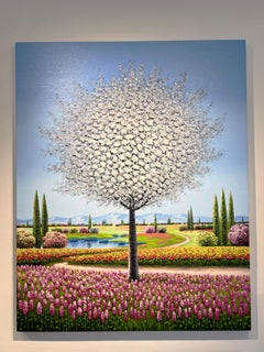 Jung, "Meeting Place" 60x48 Textured Colorful Tree Garden Landscape Oil Painting