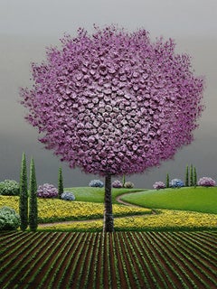 Peinture à l'huile texturée «tty in Pink » de Jung, paysage d'arbre et de jardin coloré, 48x36
