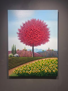 Jung, "Rolling Fields Beneath the Red Bloom" 48x36 Textured Landscape Painting