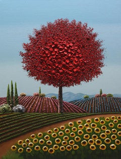 Jung, "Rolling Fields Beneath the Red Bloom" 48x36 Textured Landscape Painting