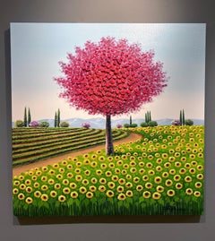 Jung, "Sunflower Lane" 48x48 Textured Colorful Red Tree Landscape Oil Painting