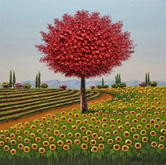 Jung, "Sunflower Lane" 48x48 Peinture à l'huile paysage arbre rouge texturé et coloré